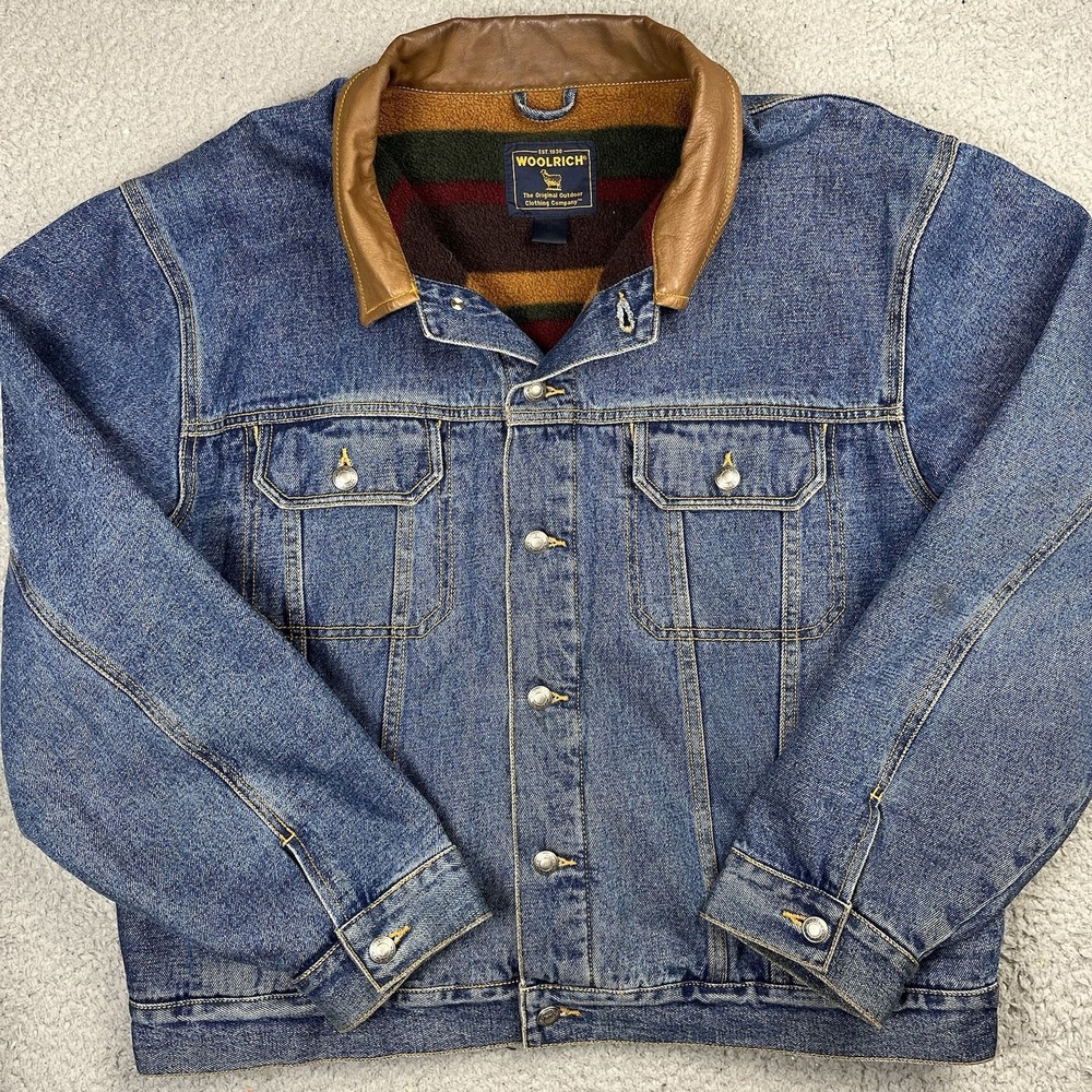 Vintage Woolrich Jacket Men XL Blue Denim Fleece Blanket Lined Brown Collar Coat